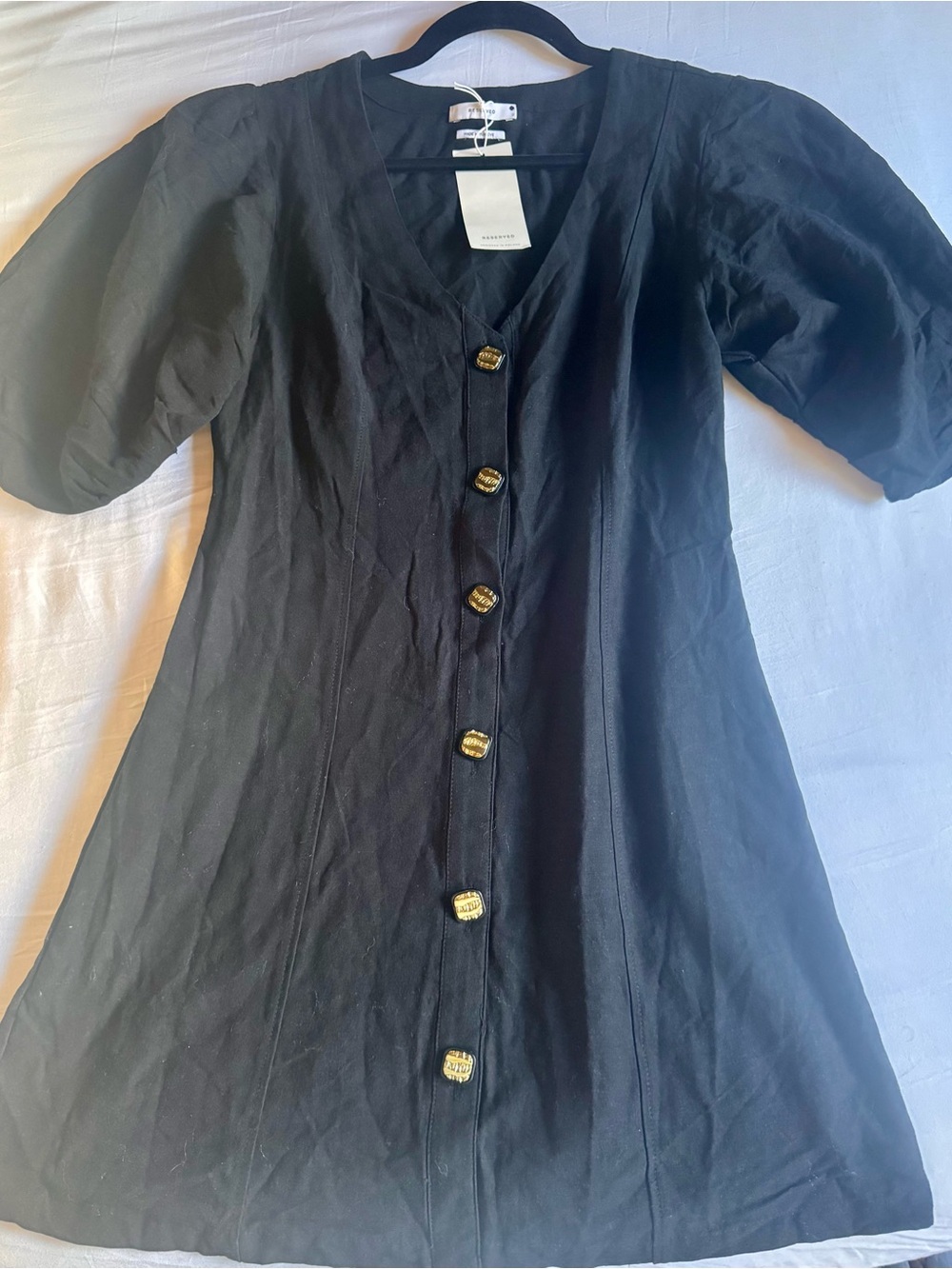 Reserved Black Button-Front Puff Sleeve Dress